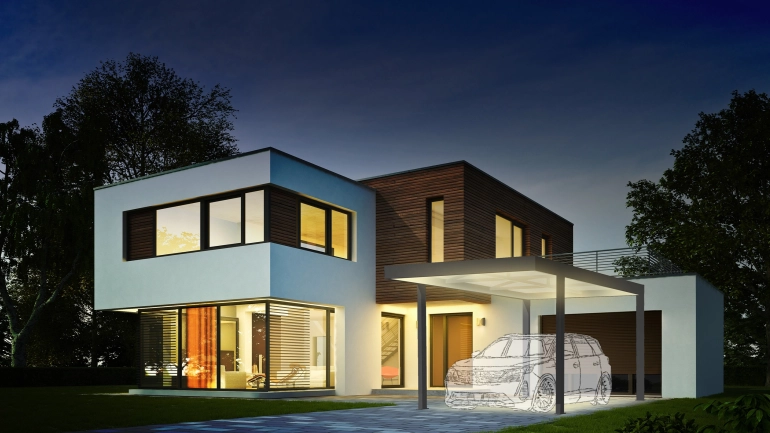 installation de fenêtres, baies vitrées et carport éclairé Maison moderne avec carport éclairé au crépuscule.