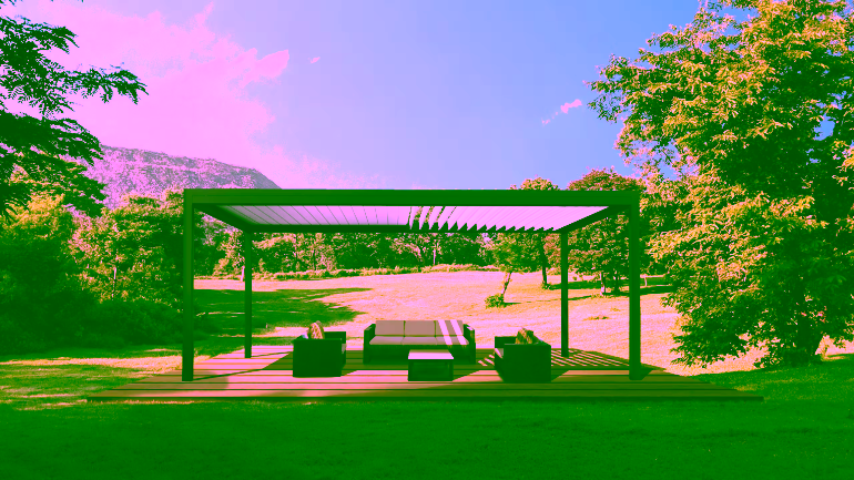 installation de pergola bioclimatique par MCG Menuiserie pergola en aluminium dans un jardin avec mobilier